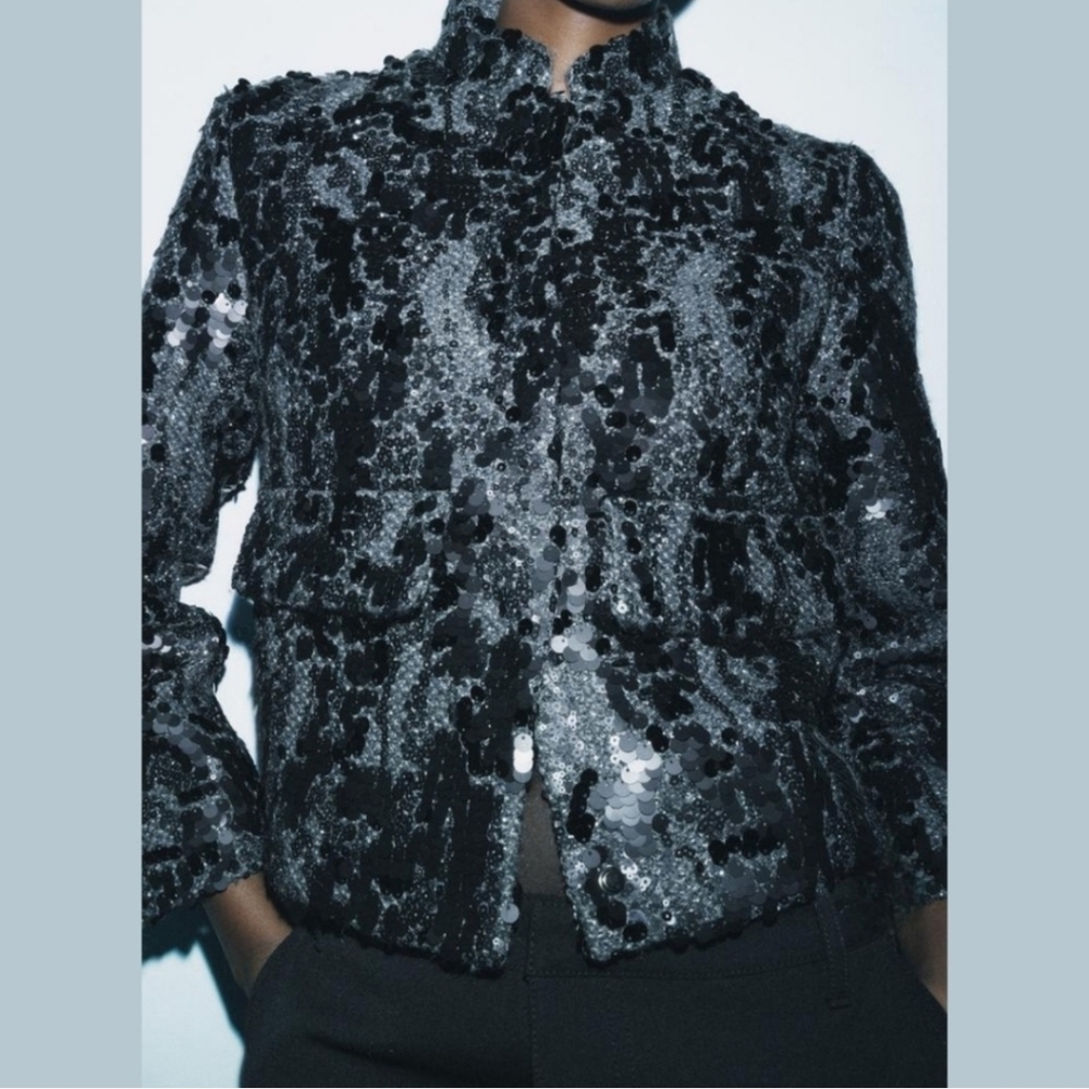 Zara Sequin Jacket Black ZW Collection Size Medium